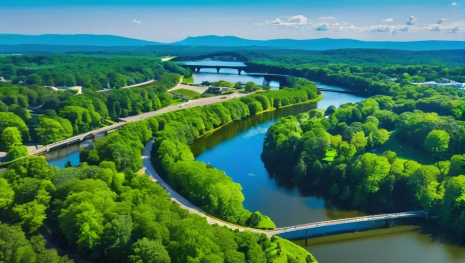 a lake and bridge a winding river and distant mountains