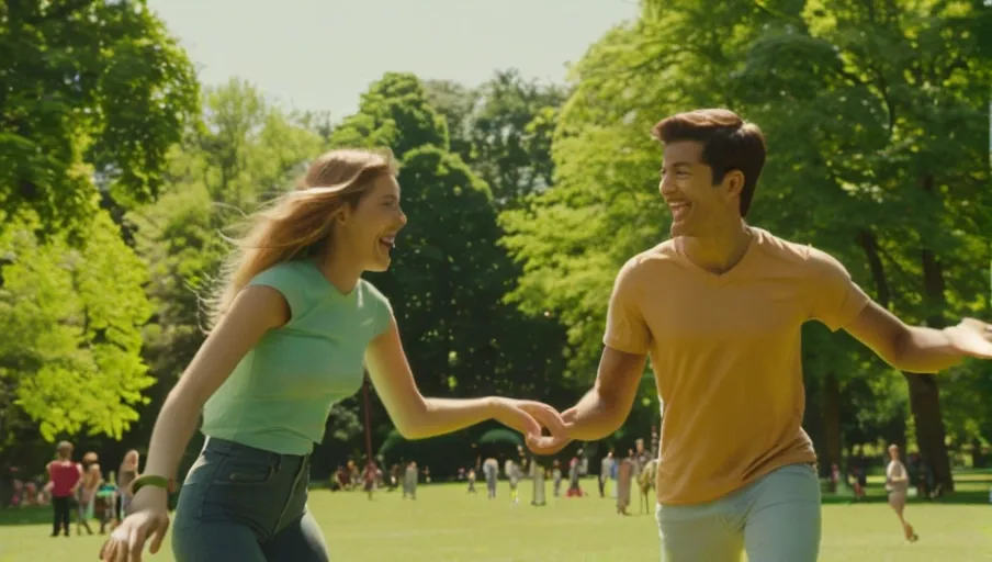 a sundrenched park surrounded by lush greenery and smiling people