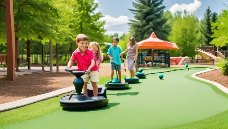 an outdoor fun center playing minigolf and riding bumper boats