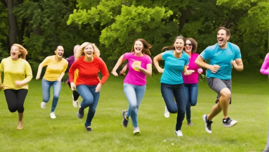 and running Everyone is wearing bright colors and looks excited