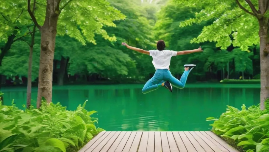 arms spread out surrounded by lush trees and a lake