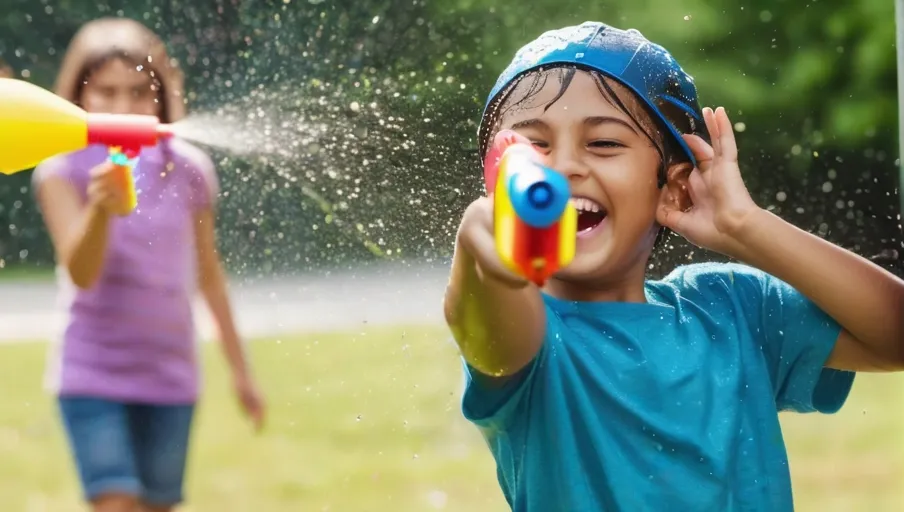 at another child with water droplets and splashes in midair