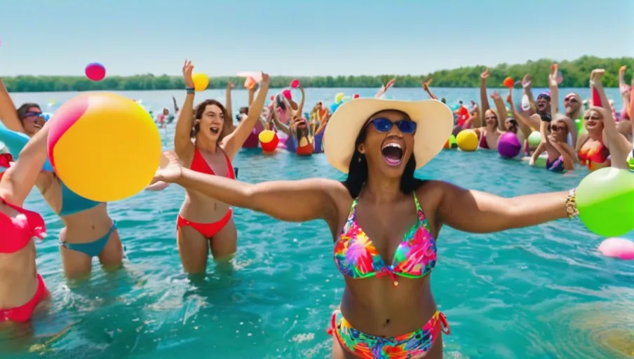 bathing suits laughing and playing with colorful inflatable beach balls