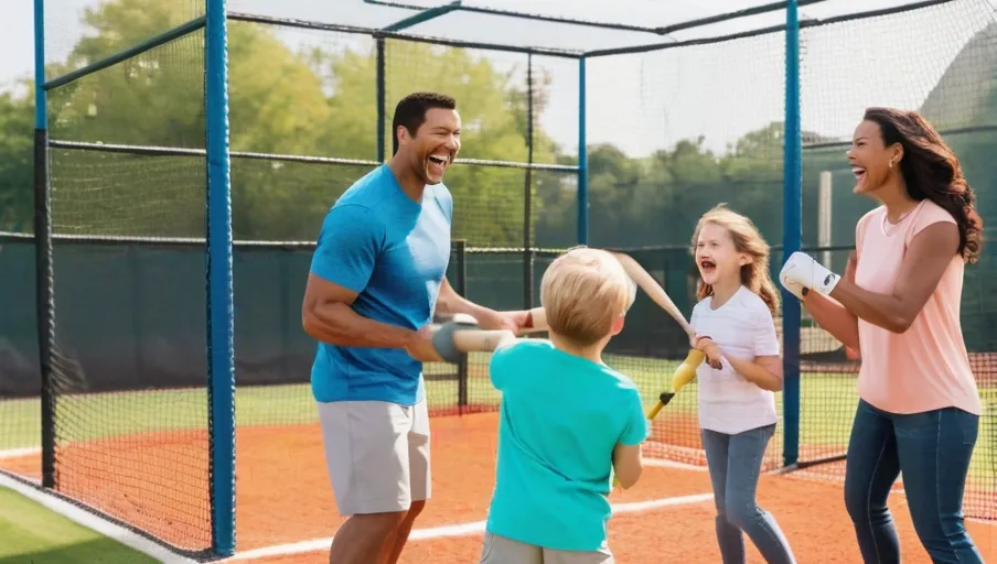 bats and hitting balls in a bright openair batting cage