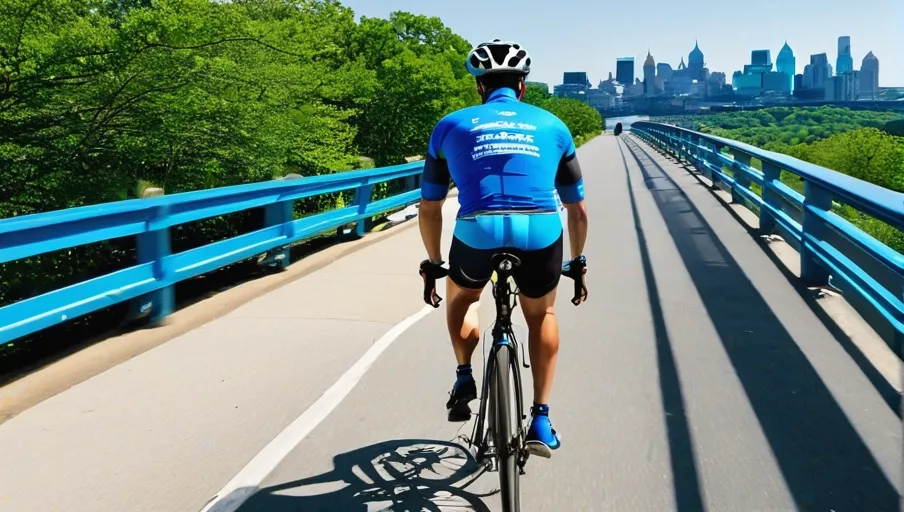 bright blue sky and a distant bridge in the background