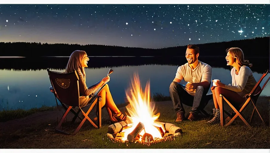 campfire roasting marshmallows and smiling while gazing at the stars