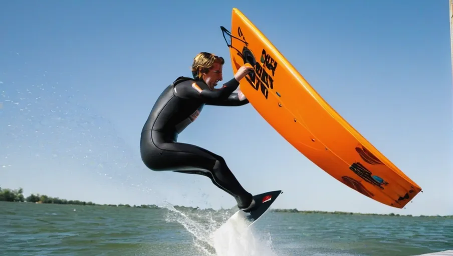 dock into the water while holding a bright orange wakeboard