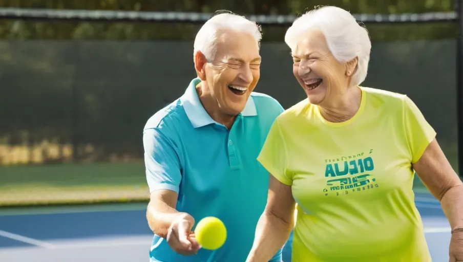 game of pickleball smiling and laughing together in the sunshine