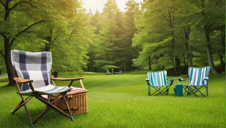 grass a picnic basket two camping chairs and a campfire