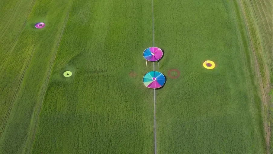 green field with colorful frisbees scattered amongst multiple metal targets