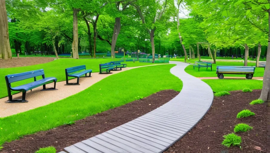 green park with wheelchair accessible benches and a picnic area