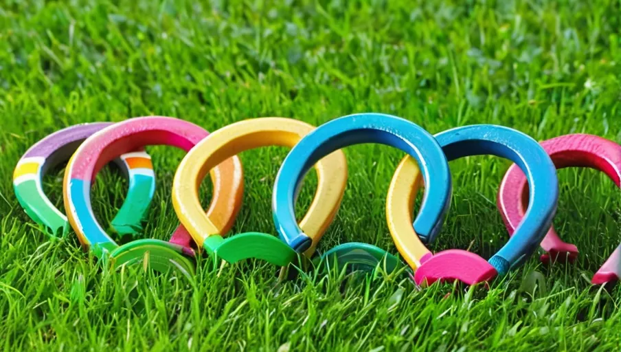 horseshoes being thrown out into a bright green grassy field