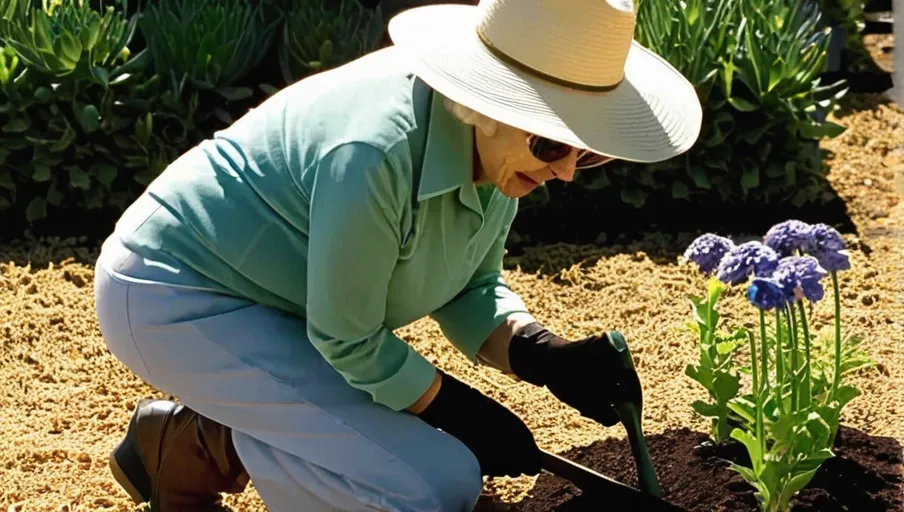 kneeling in the sun with a trowel planting a seedling