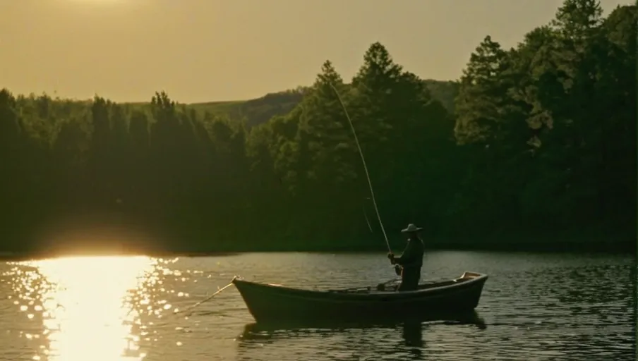 line into the sundappled lake in the early morning light