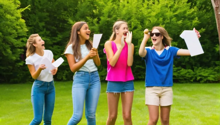 of charades with homemade props in a grassy outdoor space