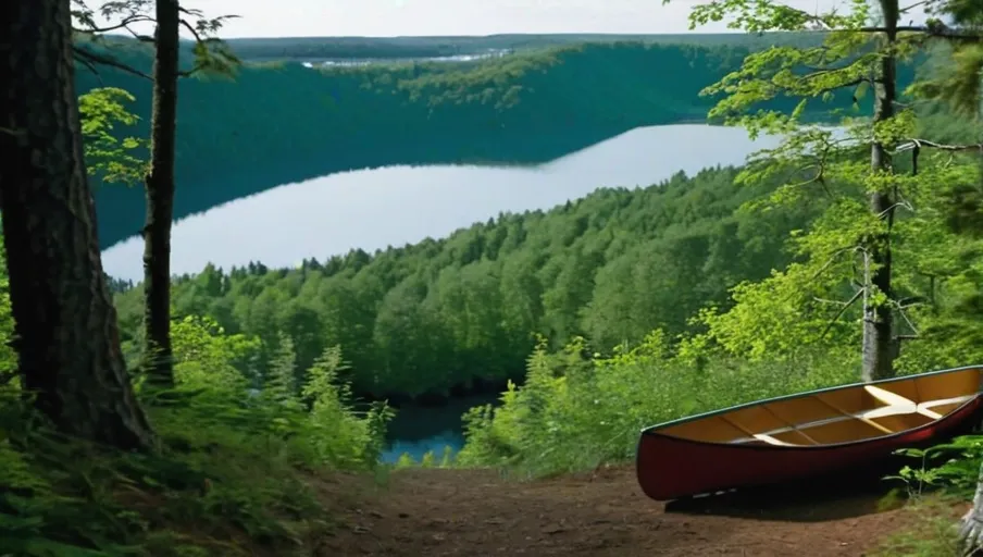 out to a lake with a canoe in the foreground