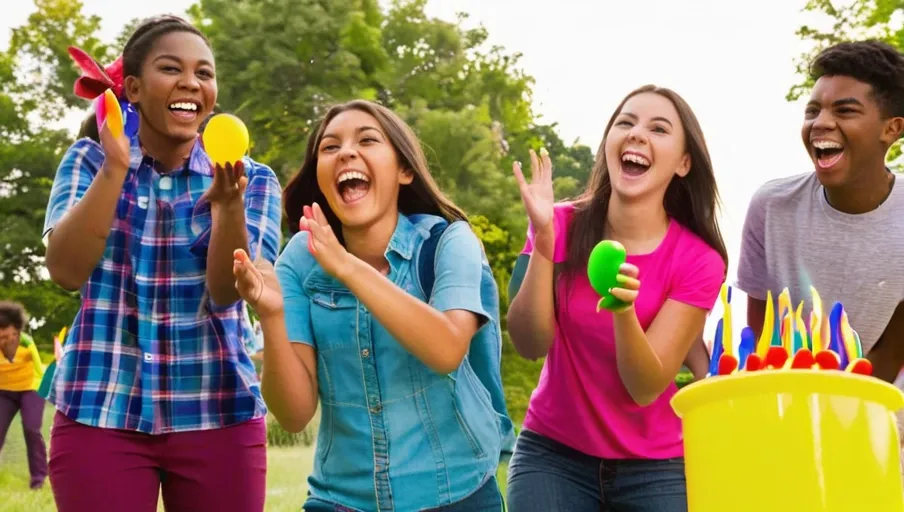 outdoor game with colorful props their faces alight with laughter