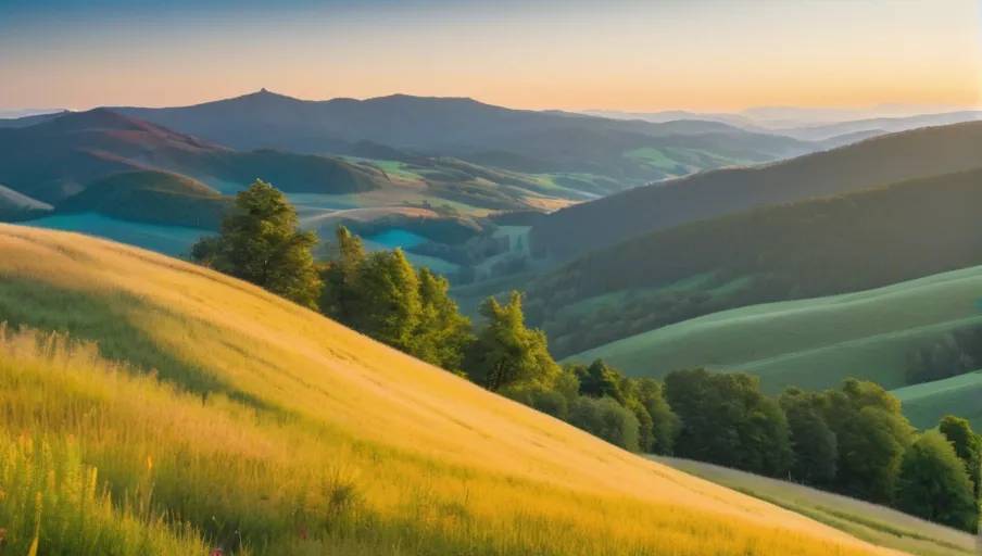 over a vast landscape of rolling hills and vibrant trees