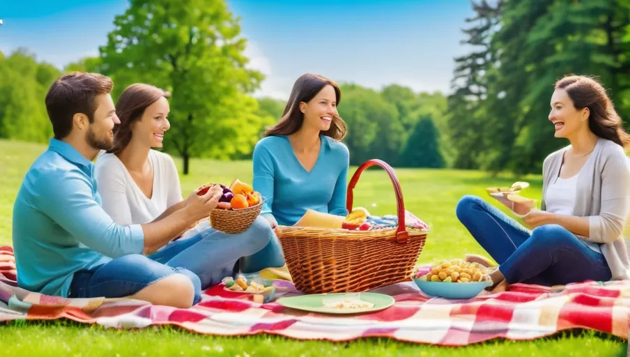 overflowing with delicious food and a bright blue sky above