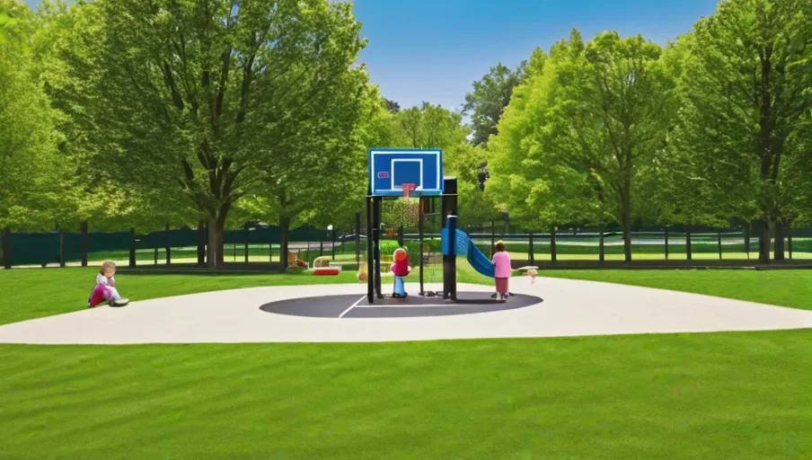 park with a playground a basketball court and a pond