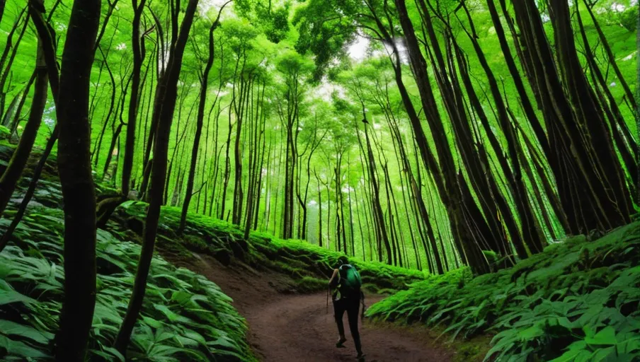 path through a lush green valley surrounded by tall trees