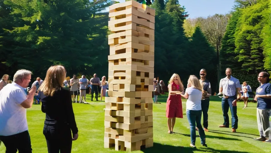 person carefully removes and adds blocks to the evergrowing tower