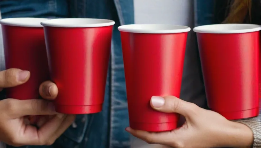 red cups in their hand arms linked ready to flip