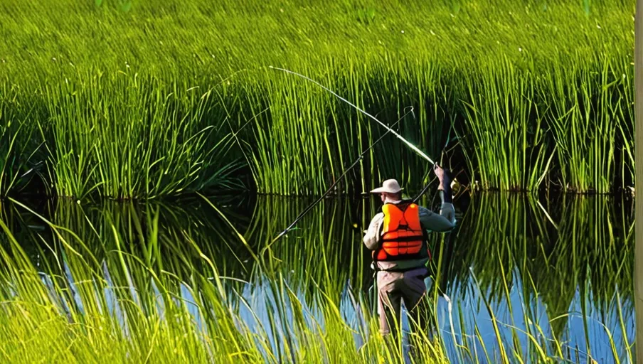 rod in one hand and a net in the other