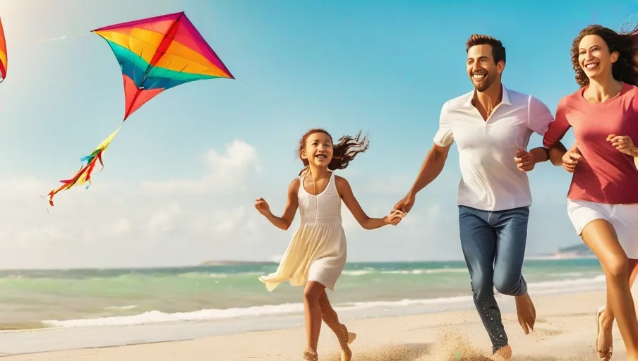 together on a beach colorful kites dancing in the sky