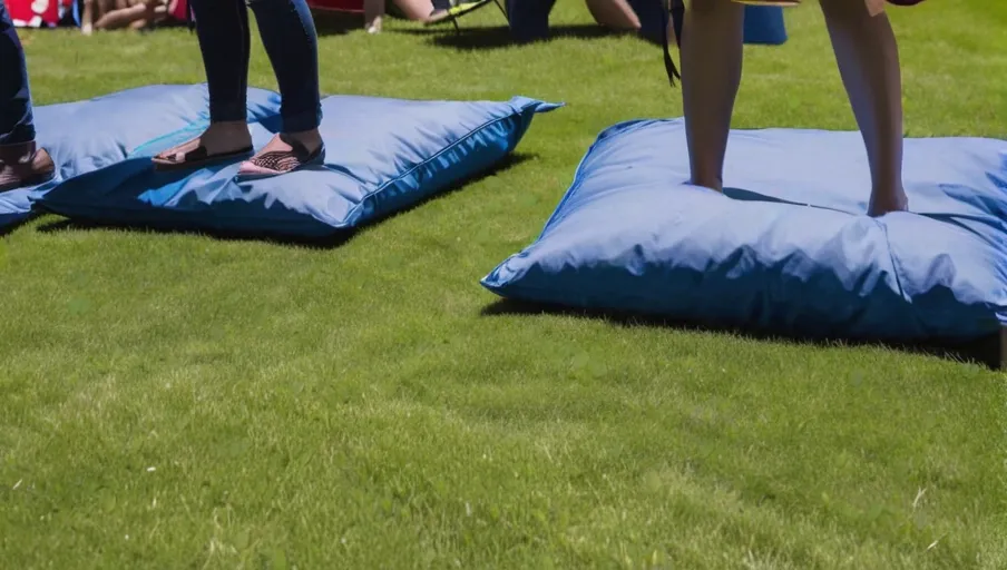 tossing colorful bean bags into cornhole boards in the sunshine