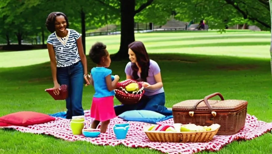 with a picnic basket nearby children playing in the background