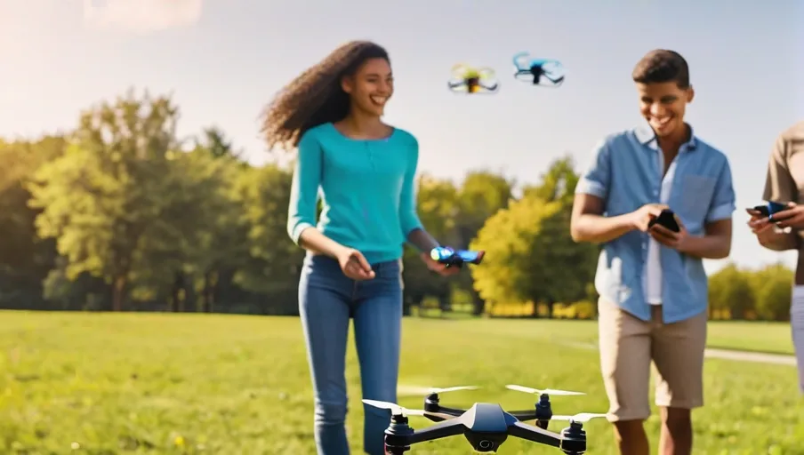 with a remotecontrolled drone surrounded by friends of similar age